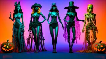 Three mannequins dressed in costumes and hats are standing next to each other. Generative AI photo