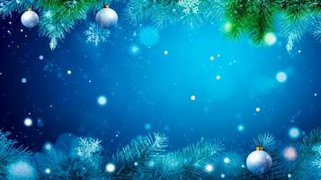 Blue christmas background with snowflakes and baubles on fir tree. Generative AI photo