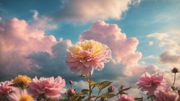 Beautiful colorful flowers with pastel sky and clouds background, Idyllic Meadow. ai generative photo