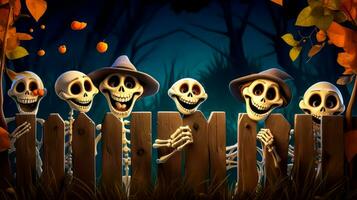 Three skeletons in halloween costumes behind fence with pumpkins in the background. Generative AI photo