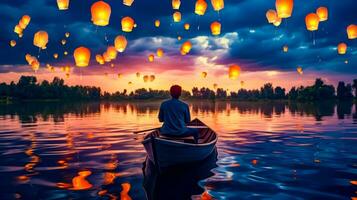 Man in rowboat floating on top of lake surrounded by floating lanterns. Generative AI photo