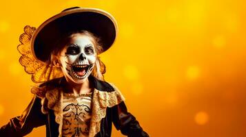 Young girl dressed as skeleton wearing top hat and holding cane. Generative AI photo