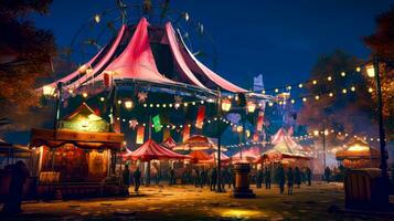 Carnival is lit up at night with people walking around and ferris wheel in the background. Generative AI photo