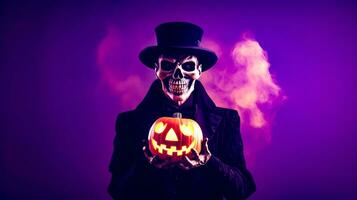 Skeleton wearing top hat and holding jack o lantern in his hands. Generative AI photo