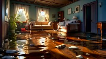 Flooded living room with couches and table in the middle of the room. Generative AI photo