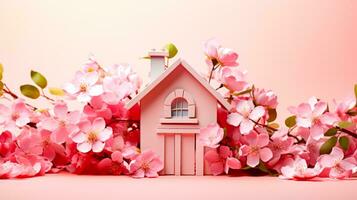 Pink house surrounded by pink flowers on pink background with space for text. Generative AI photo