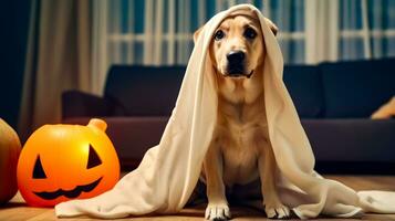 Dog covered in blanket sitting next to jack - o - lantern. Generative AI photo