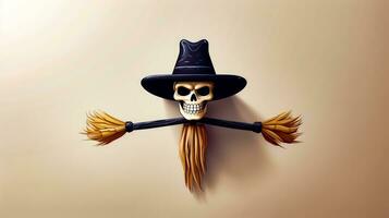 Skull wearing witches hat and holding broom with long tail. Generative AI photo