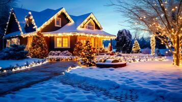 House covered in christmas lights with snow on the ground and trees in front of it. Generative AI photo