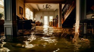 Flooded living room with couch and chandelier hanging from the ceiling. Generative AI photo