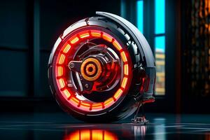 Close up of robot wheel on shiny surface with reflection on the floor. Generative AI photo