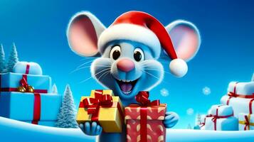 dibujos animados ratón con Papa Noel sombrero participación regalo caja en el nieve. generativo ai foto