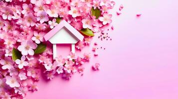 Pink house surrounded by pink flowers on pink background with pink petals. Generative AI photo