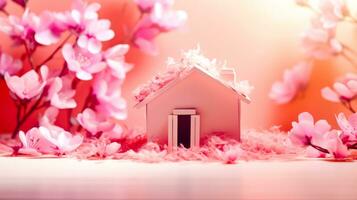 pequeño rosado casa sentado en parte superior de mesa siguiente a rosado flores generativo ai foto