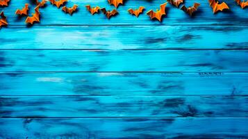 Blue wooden background with orange bats on the top and bottom of it. Generative AI photo