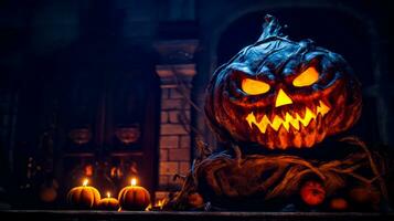 Carved pumpkin sitting on top of table with candles in front of it. Generative AI photo