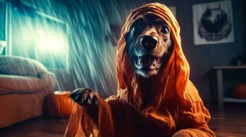 Dog in raincoat is sitting in the rain with it's paws in the air. Generative AI photo