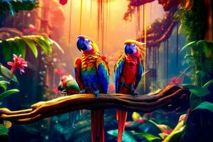 Two colorful parrots sitting on tree branch in tropical forest at sunset. Generative AI photo