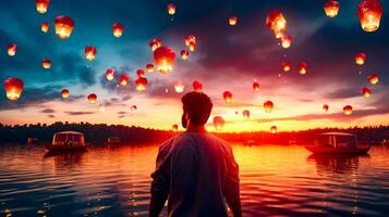 Man standing in front of body of water surrounded by floating lanterns. Generative AI photo