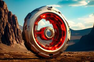 Close-up of a futuristic monowheel with red and yellow lights on it.. Generative AI photo