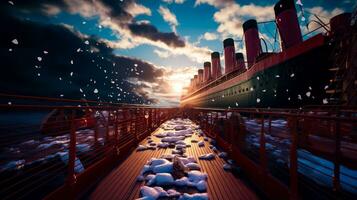 grande barco flotante en parte superior de río siguiente a nieve cubierto suelo. generativo ai foto