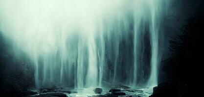 Dark tone waterfall background fantasy forest stream in nature waterfall on the hill Filled with big trees and water spray. photo