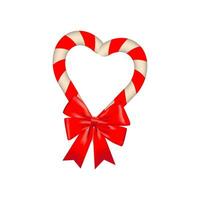 Christmas candy, stick with ribbon. Candy cane with red and white stripes. Candy heart design. Greeting card. White background. Vector illustration. EPS 10