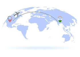 Flight from USA to India above world map. Airplane arrives to India. The world map. Airplane line path. Vector illustration. EPS 10