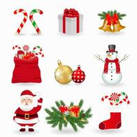 conjunto de tradicional alegre Navidad y nuevo año simbolos saludo tarjeta con árbol sucursales, juguetes, Papa Noel noel, Navidad avivando, regalo caja, muñeco de nieve, dulces, campanas vector ilustración. eps 10