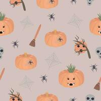 Spooky Halloween seamless pattern with pumpkins and spiders, vector background