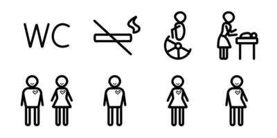 negro línea icono conjunto de baño y baño señales, vector Area de aseo símbolos con editable carrera