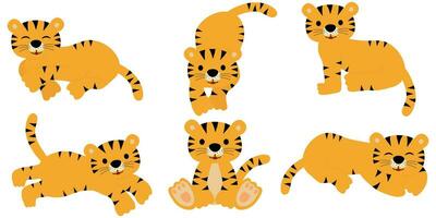 Set of cute tiger in different poses. The tiger stands, lies, goes, sits, sleeps, leaps. Vector illustration