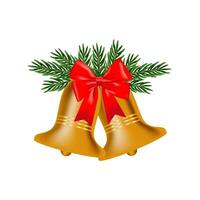 Christmas bell with red ribbon and tree branches. Vector Illustration