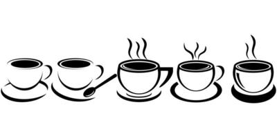 Collection of cups. Disposable coffee and tea cups. Realistic 3D illustrations of cups with saucers. Black and white colors design. Vector illustration