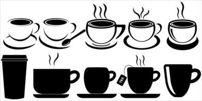 colección de tazas. desechable café y té tazas. realista 3d ilustraciones de tazas con platillos negro y blanco colores diseño. vector ilustración