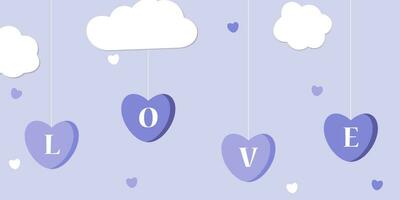 Flying letters in the sky. Valentin's Day. Heart form. Text Love. Design element for wallpapers, wedding invitations, greeting cards, valentine cards in very peri color. Vector illustration