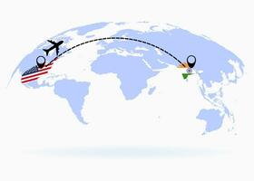 Flight from USA to India above world map. Airplane arrives to India. The world map. Airplane line path. Vector illustration. EPS 10