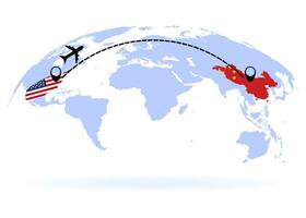 Flight from USA to China above world map. Airplane arrives to China. The world map. Airplane line path. Vector illustration. EPS 10