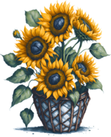 A painting of a bouquet of sunflowers in a basket. AI-Generated. png