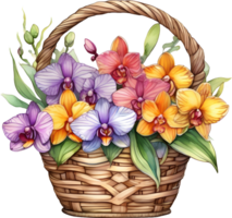 A painting of an Orchid bouquet in a basket. AI-Generated. png