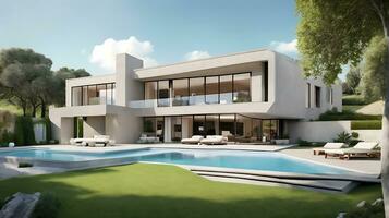 3d rendering of an impressive contemporary villa in exposed cement with garden and pool photo