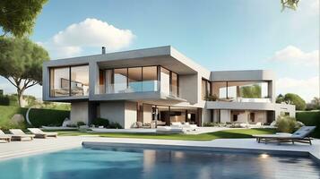 3d rendering of an impressive contemporary villa in exposed cement with garden and pool photo