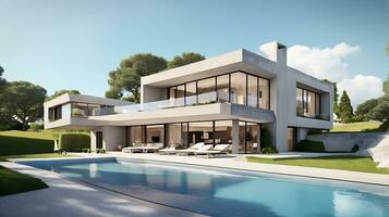 3d rendering of an impressive contemporary villa in exposed cement with garden and pool photo