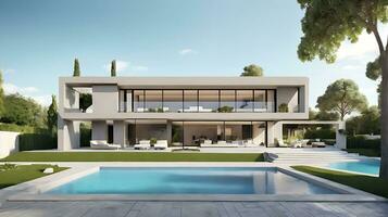 3d rendering of an impressive contemporary villa in exposed cement with garden and pool photo