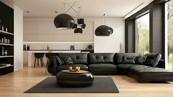 Modern interior with black sofa and parquet floor 3d rendering photo