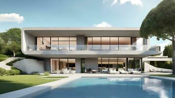 3d rendering of an impressive contemporary villa in exposed cement with garden and pool photo