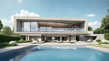 3d rendering of an impressive contemporary villa in exposed cement with garden and pool photo