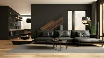 Modern interior with black sofa and parquet floor 3d rendering photo