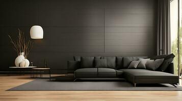 Modern interior with black sofa and parquet floor 3d rendering photo