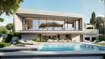 3d rendering of an impressive contemporary villa in exposed cement with garden and pool photo
